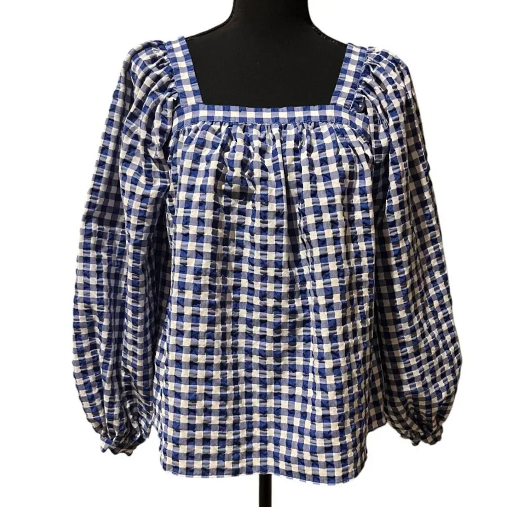 KATE SPADE Blue & White Gingham Square Neck Puff Sleeve Blouse Sz XS